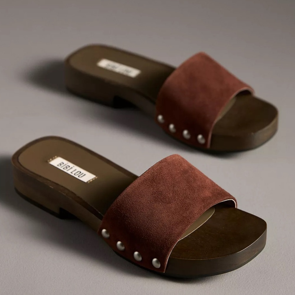 Women's Suede Slide Sandals in Rust with Stud Accents